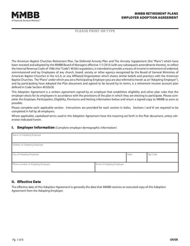 MMBB Retirement Plans: Employer Adoption Agreement (Print on demand)
